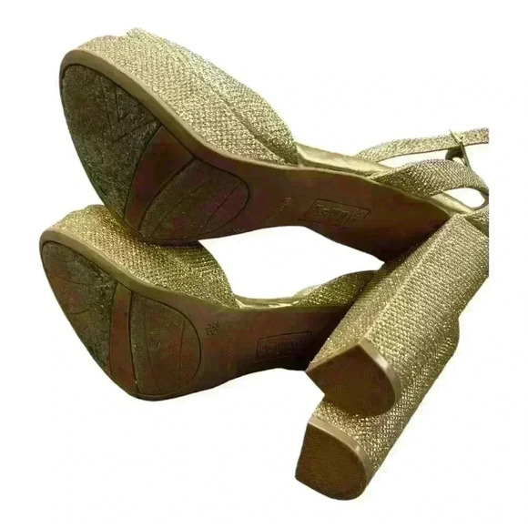 Brash Shoes Womens Sz 8.5 Gold Sparkle 4.5”High Heel Open Toe Strappy Platform - Picture 5 of 7